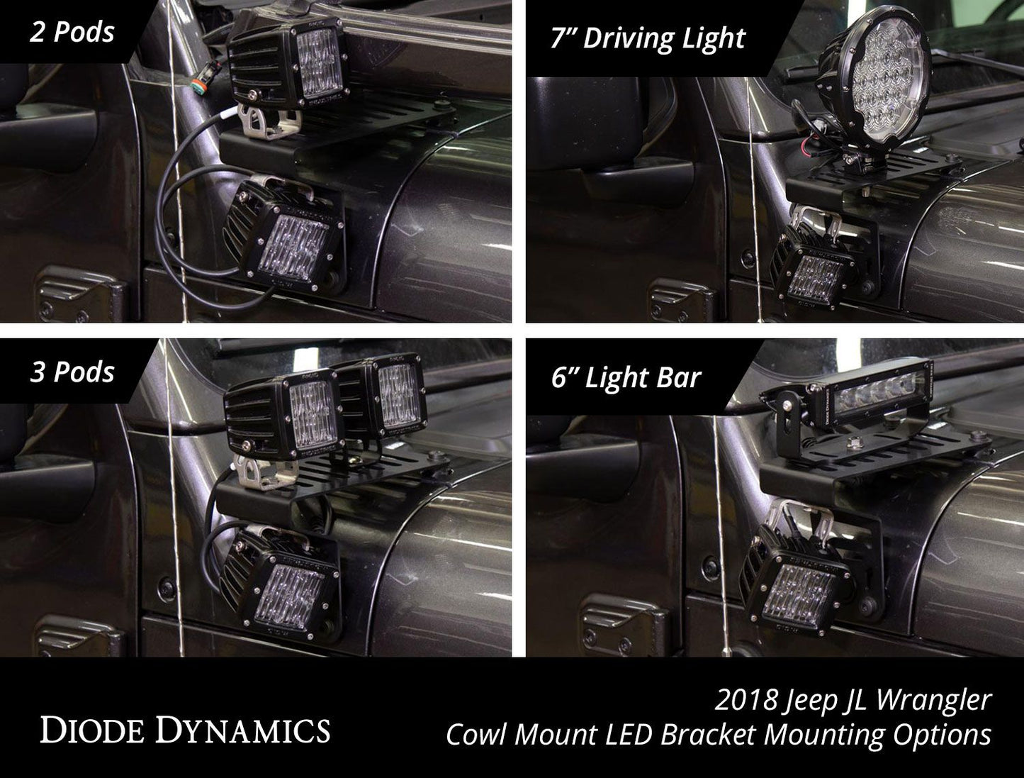 2018-2024 Jeep JL Wrangler Cowl Mount LED Brackets